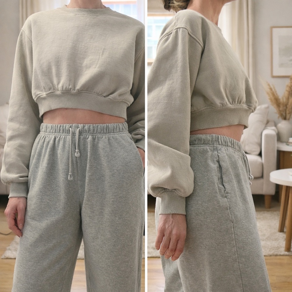 Bershka Cropped Sweatshirt Beige Neutral 15" Length Oversized Fit XS